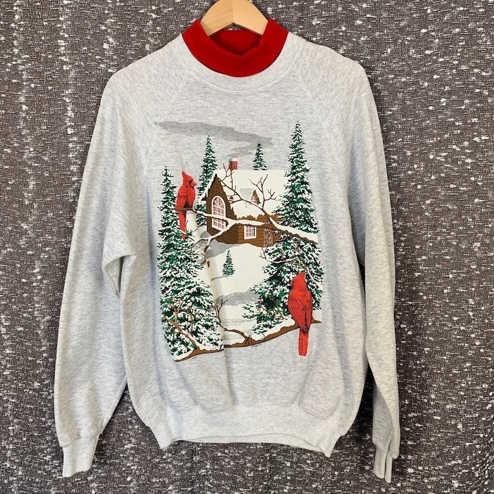 Vintage Lee Holiday Sweater Winter Cardinals Graphic Mock Neck Women's Large